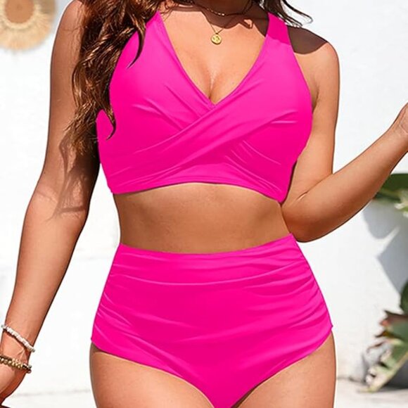 Yonique High Waisted Two Piece Swimsuit - Pink  Size: Medium - Picture 5 of 8